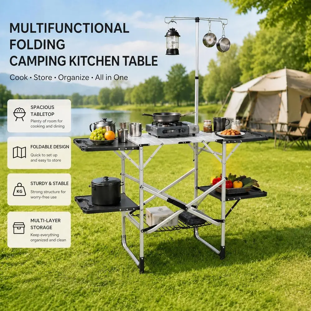 طاولة مطبخ محمولة للاستخدام ال - مراجعة Outdoor Camping Table With Storage وسعره